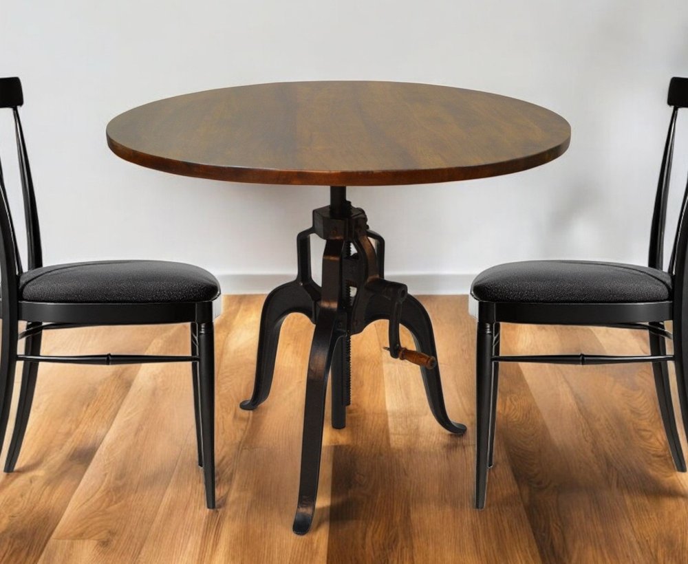 Adjustable Height Brown and Black Solid Wood and Iron Pedestal Base Round Top Dining Table