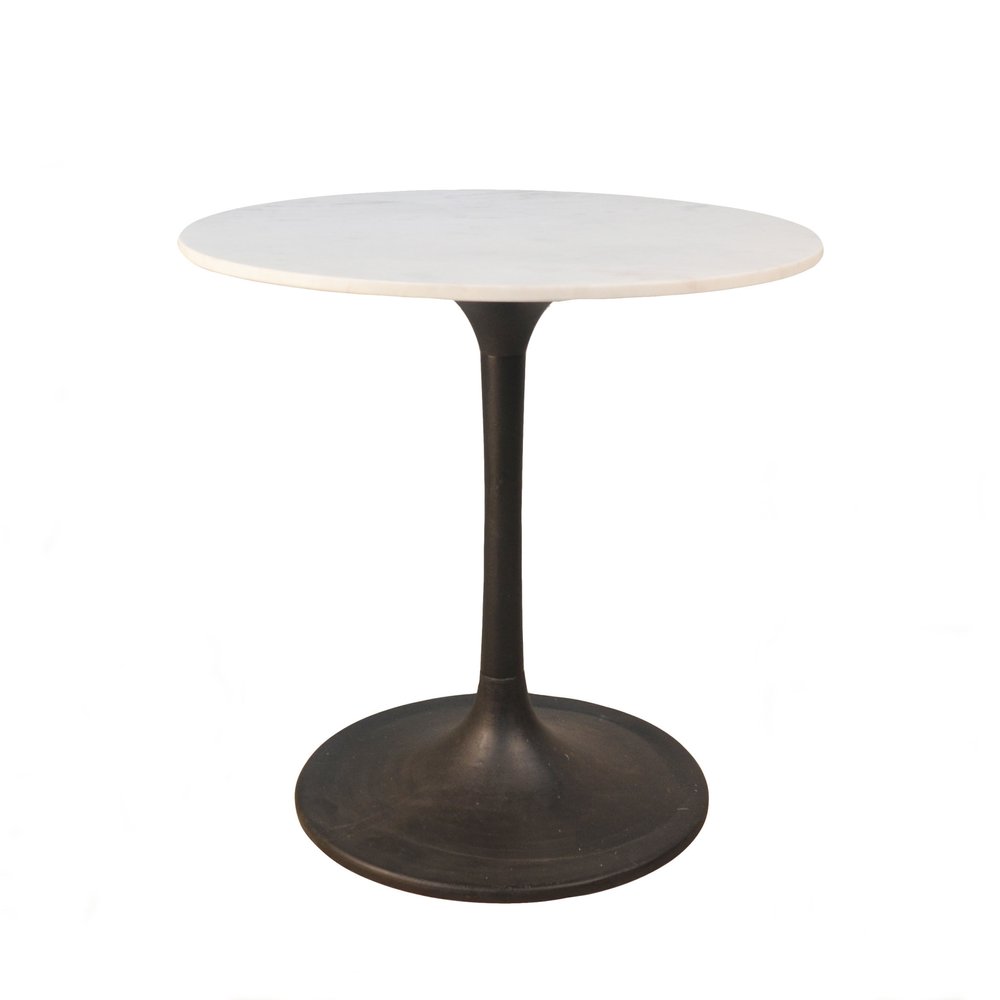 White and Black Rounded Marble and Iron Pedestal Base Dining Table