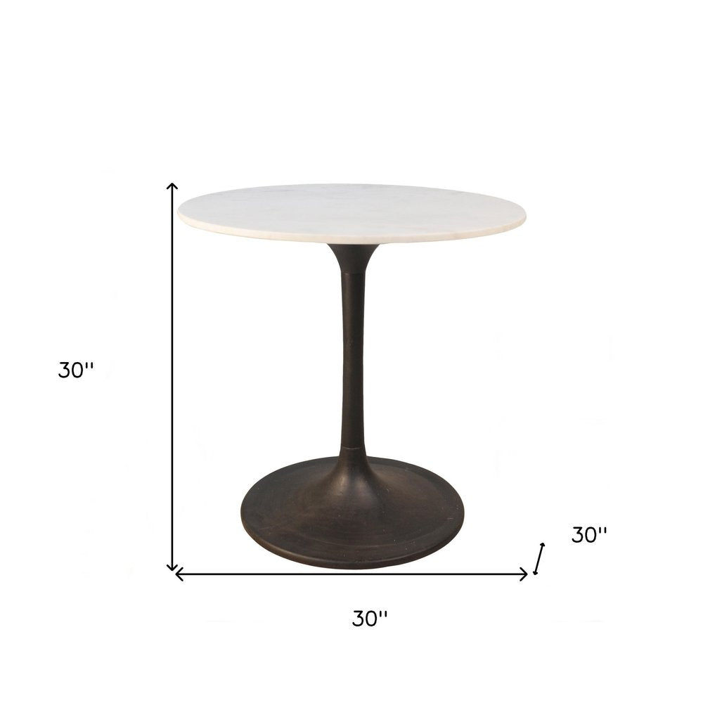 White and Black Rounded Marble and Iron Pedestal Base Dining Table