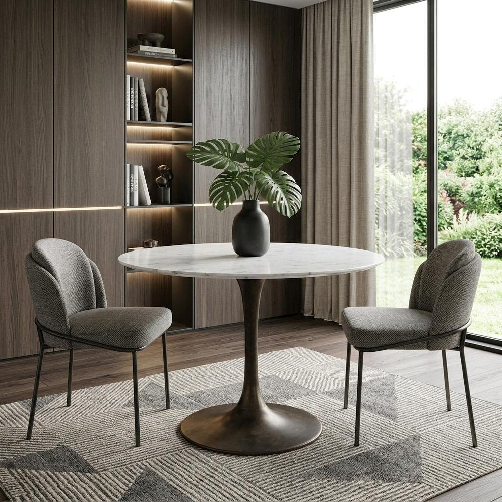 White and Black Rounded Marble and Iron Pedestal Base Dining Table