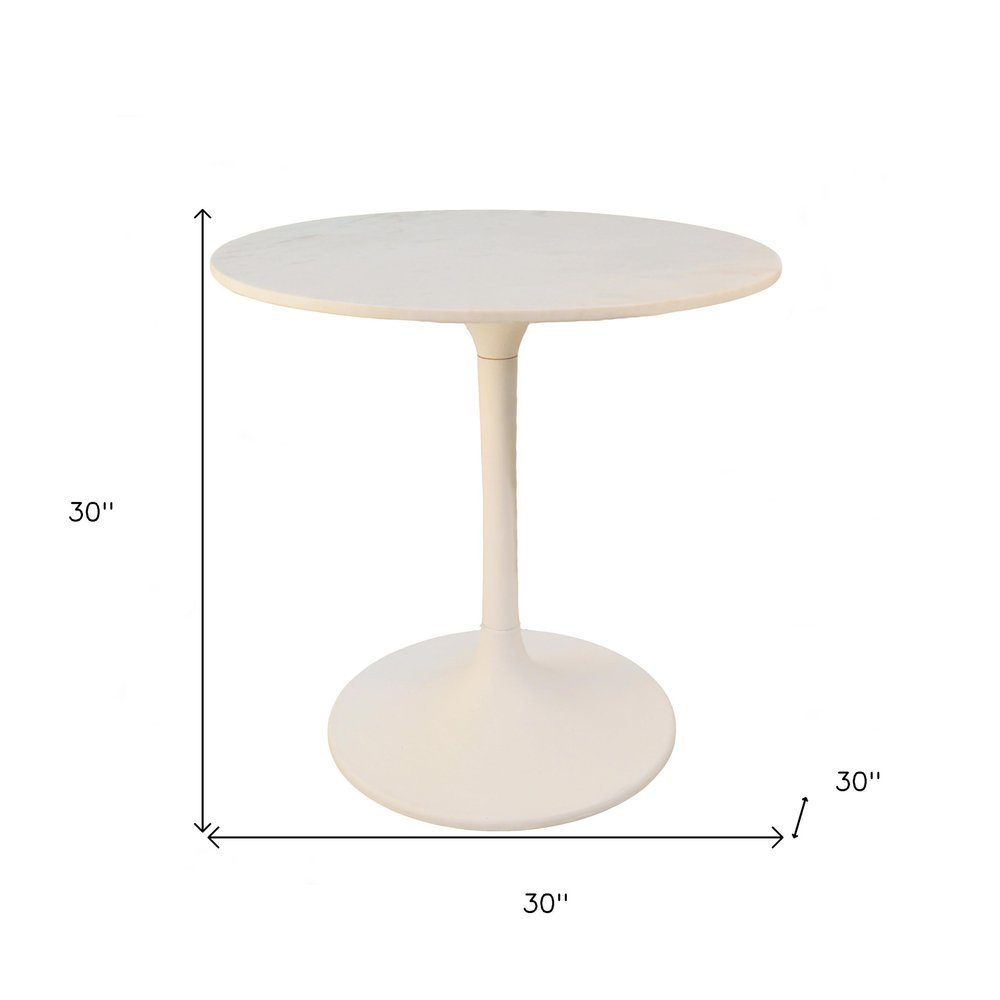 White Rounded Marble and Iron Pedestal Base Dining Table - 30-inch
