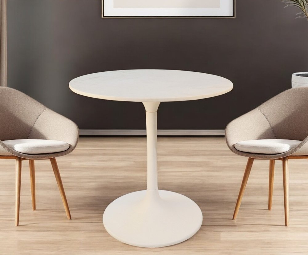 White Rounded Marble and Iron Pedestal Base Dining Table - 30-inch