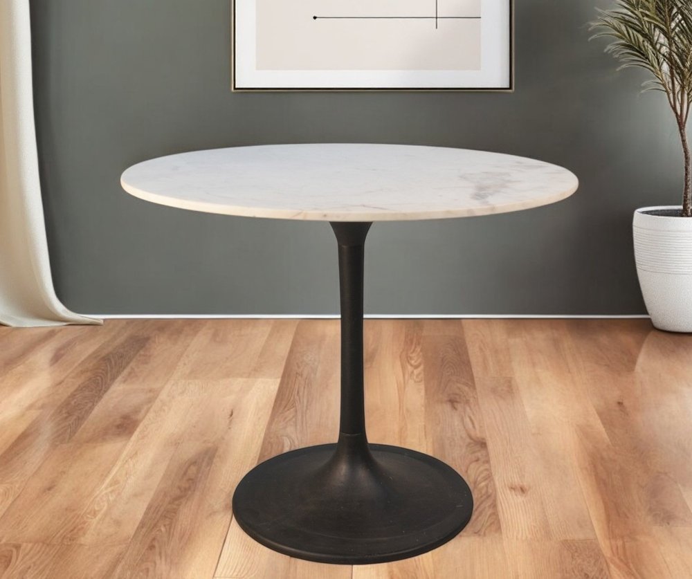 White and Black Rounded Marble and Iron Pedestal Base Dining Table