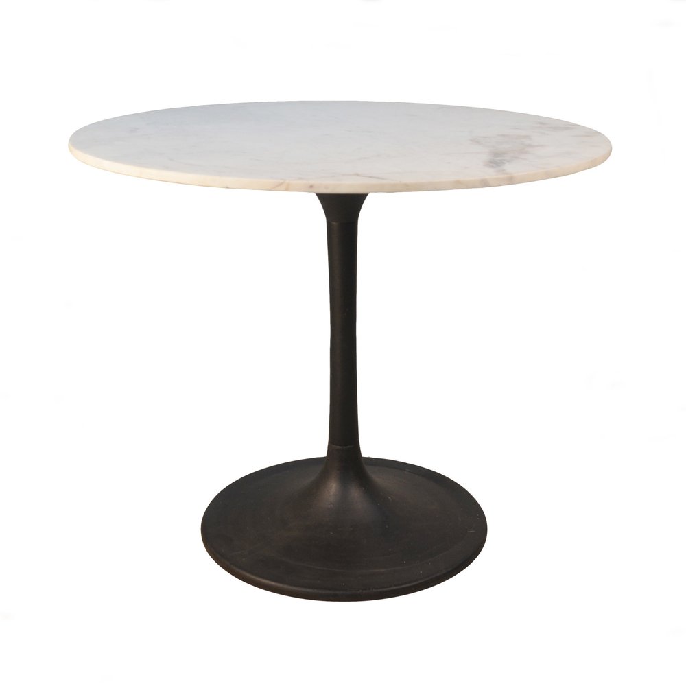 White and Black Rounded Marble and Iron Pedestal Base Dining Table