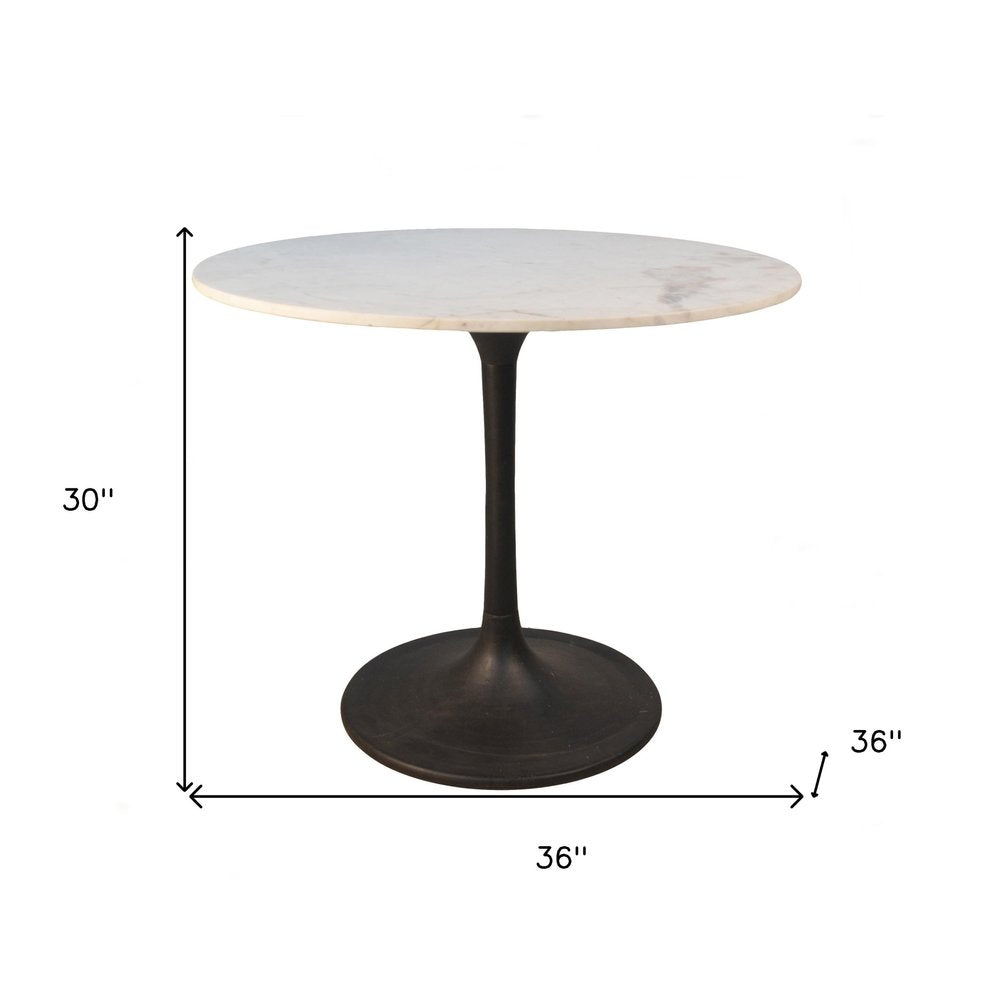 White and Black Rounded Marble and Iron Pedestal Base Dining Table