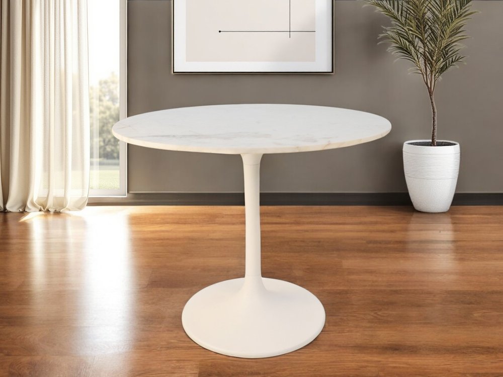 White Rounded Marble and Iron Pedestal Base Dining Table - 36-inch