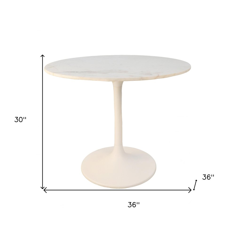 White Rounded Marble and Iron Pedestal Base Dining Table - 36-inch