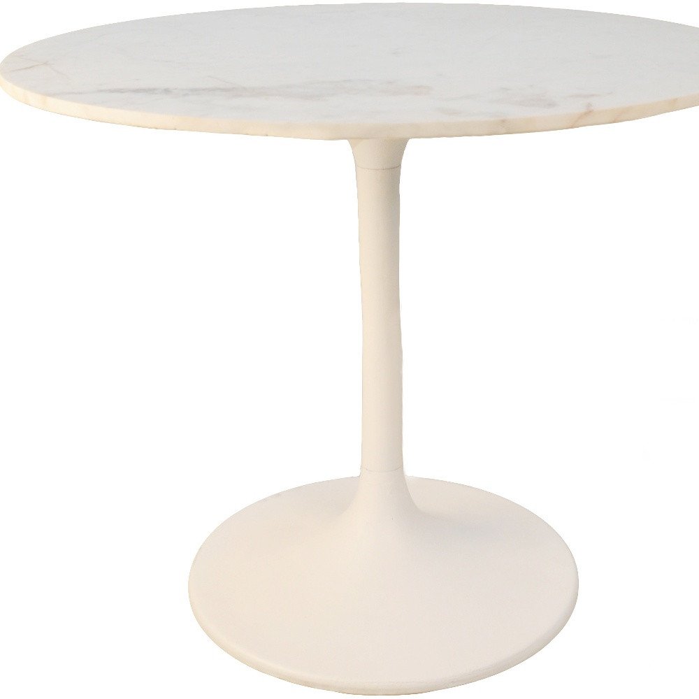 White Rounded Marble and Iron Pedestal Base Dining Table - 36-inch