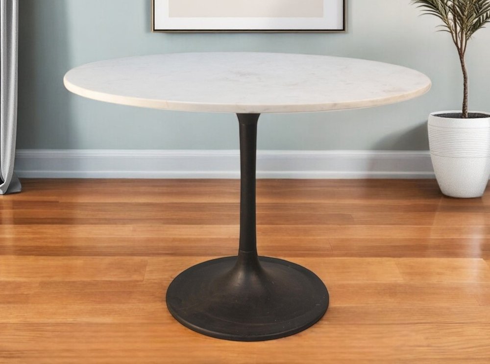 White and Black Rounded Marble and Iron Pedestal Base Dining Table