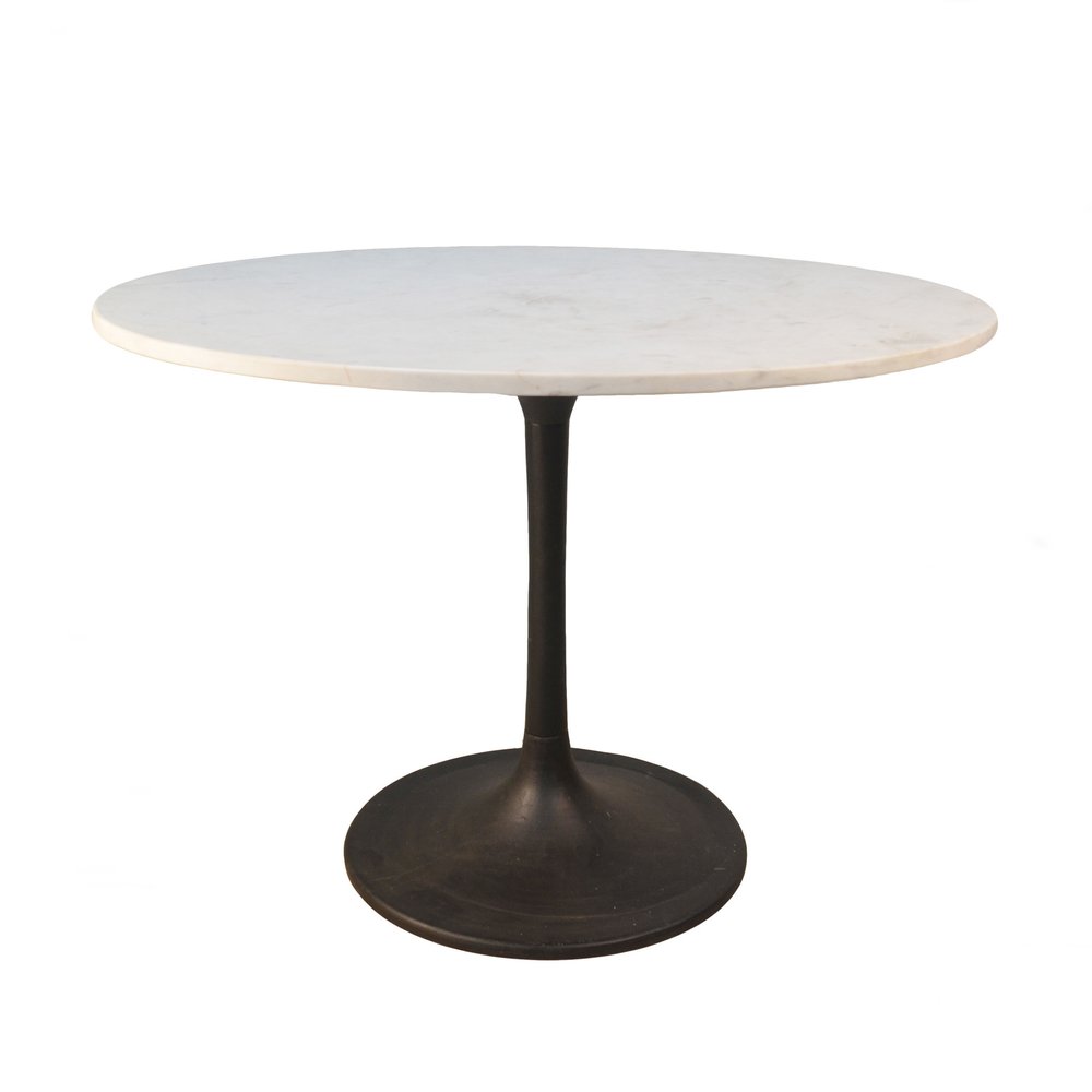 White and Black Rounded Marble and Iron Pedestal Base Dining Table