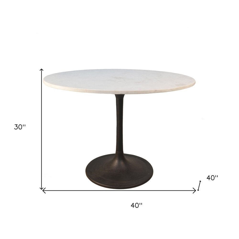 White and Black Rounded Marble and Iron Pedestal Base Dining Table