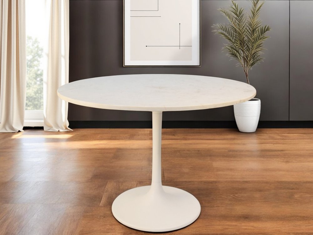 White Rounded Marble and Iron Pedestal Base Dining Table - 40-inch