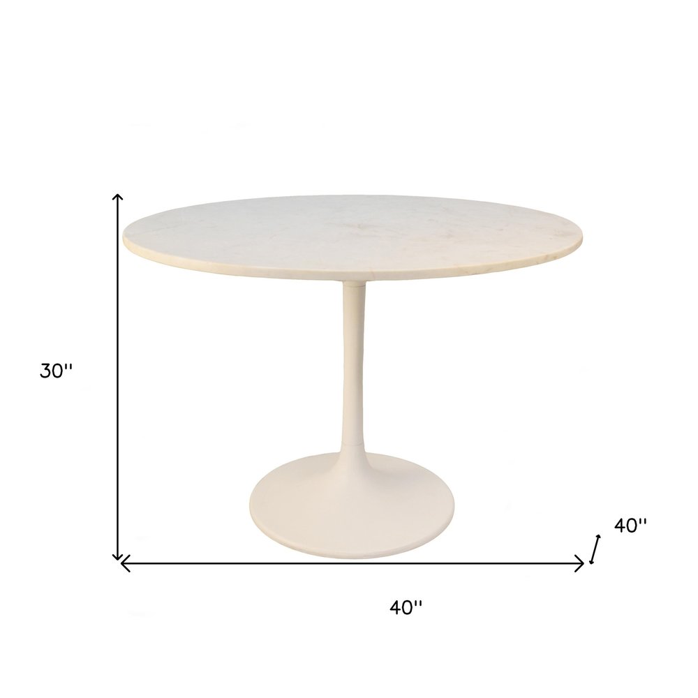 White Rounded Marble and Iron Pedestal Base Dining Table - 40-inch