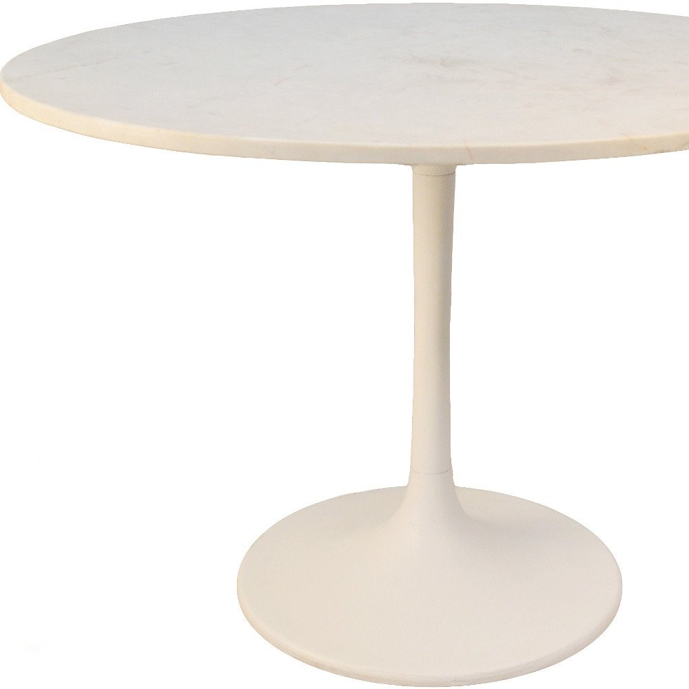 White Rounded Marble and Iron Pedestal Base Dining Table - 40-inch