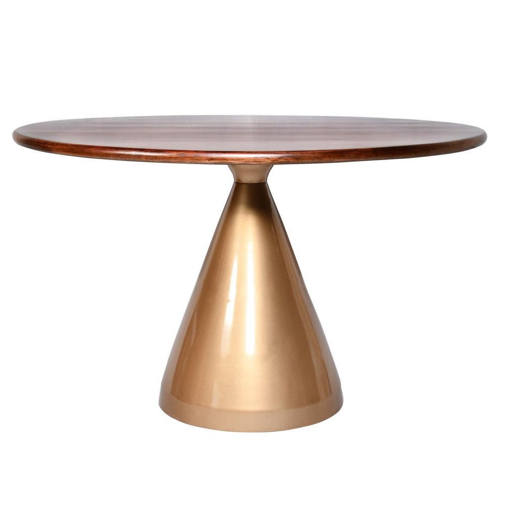 Brown and Gold Rounded Solid Wood and Iron Pedestal Base Dining Table