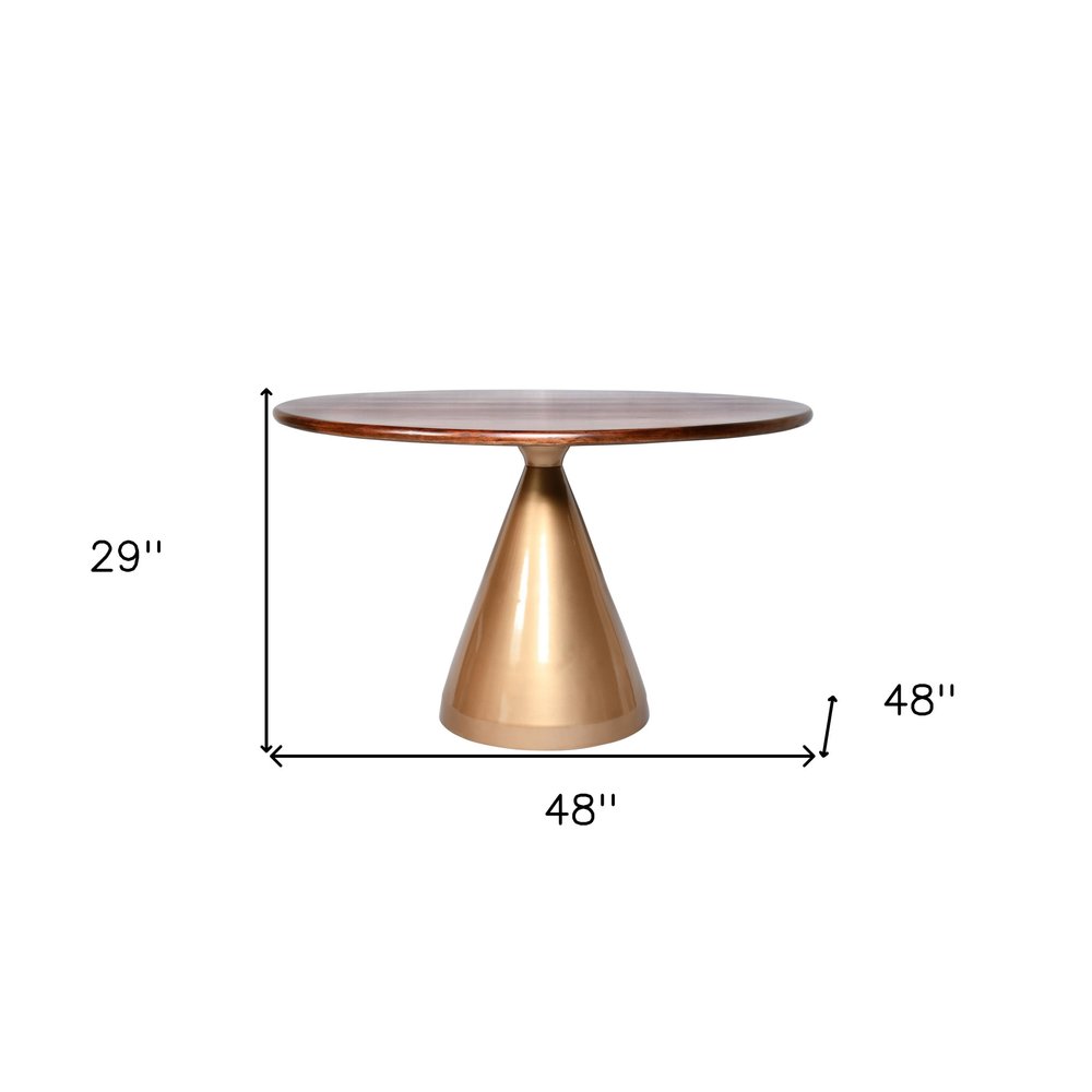 Brown and Gold Rounded Solid Wood and Iron Pedestal Base Dining Table