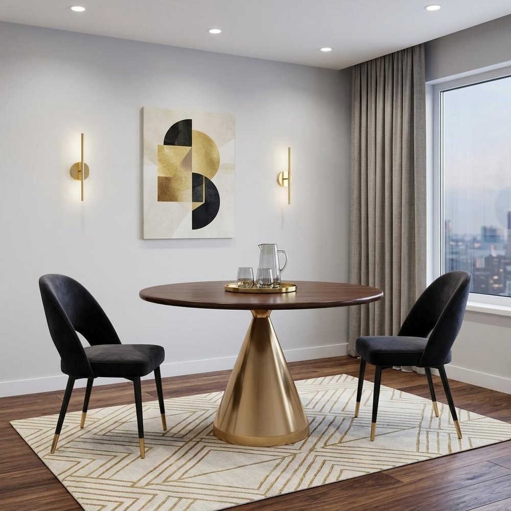 Brown and Gold Rounded Solid Wood and Iron Pedestal Base Dining Table