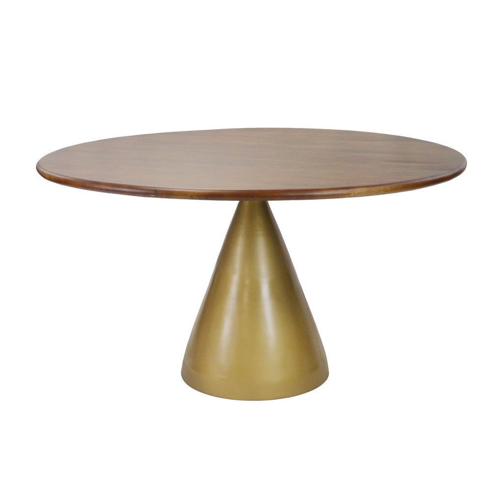 Brown and Gold Rounded Solid Wood and Iron Pedestal Base Dining Table