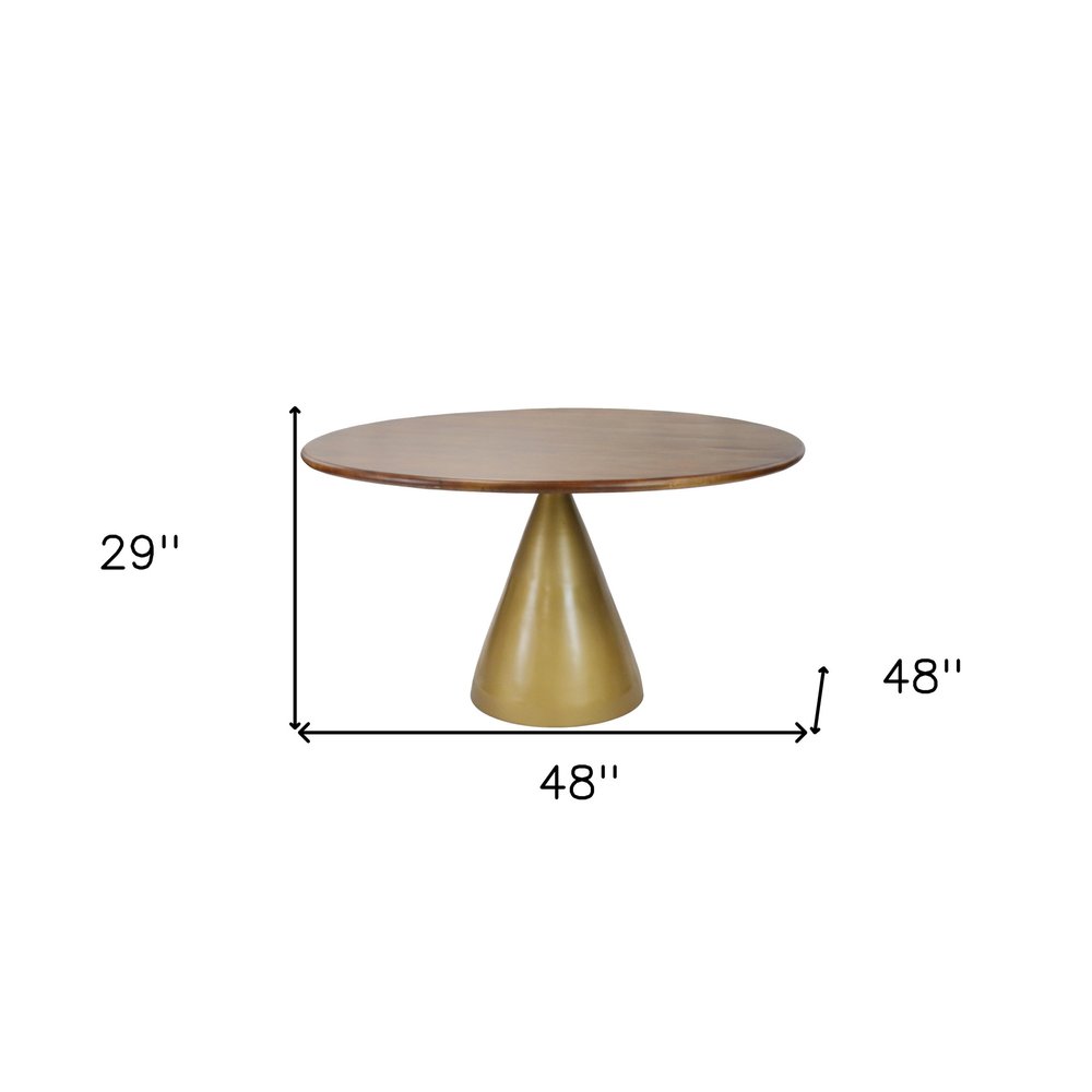 Brown and Gold Rounded Solid Wood and Iron Pedestal Base Dining Table