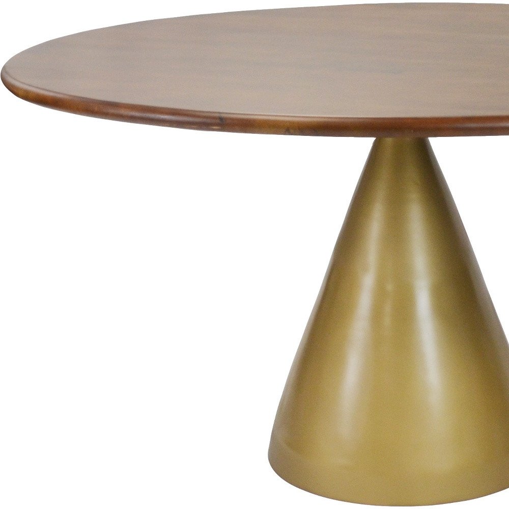 Brown and Gold Rounded Solid Wood and Iron Pedestal Base Dining Table