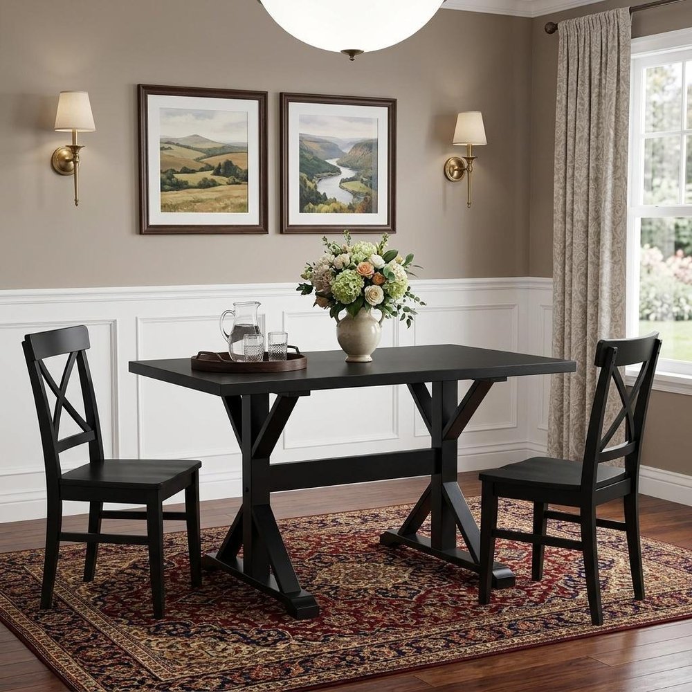 Black Solid Wood Trestle Base Dining Table - 48-inch