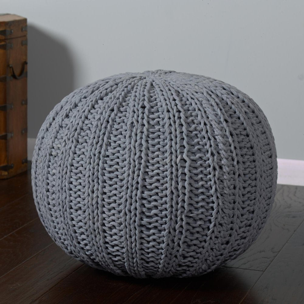 Gray Cotton Round Pouf Ottoman - 20-inch