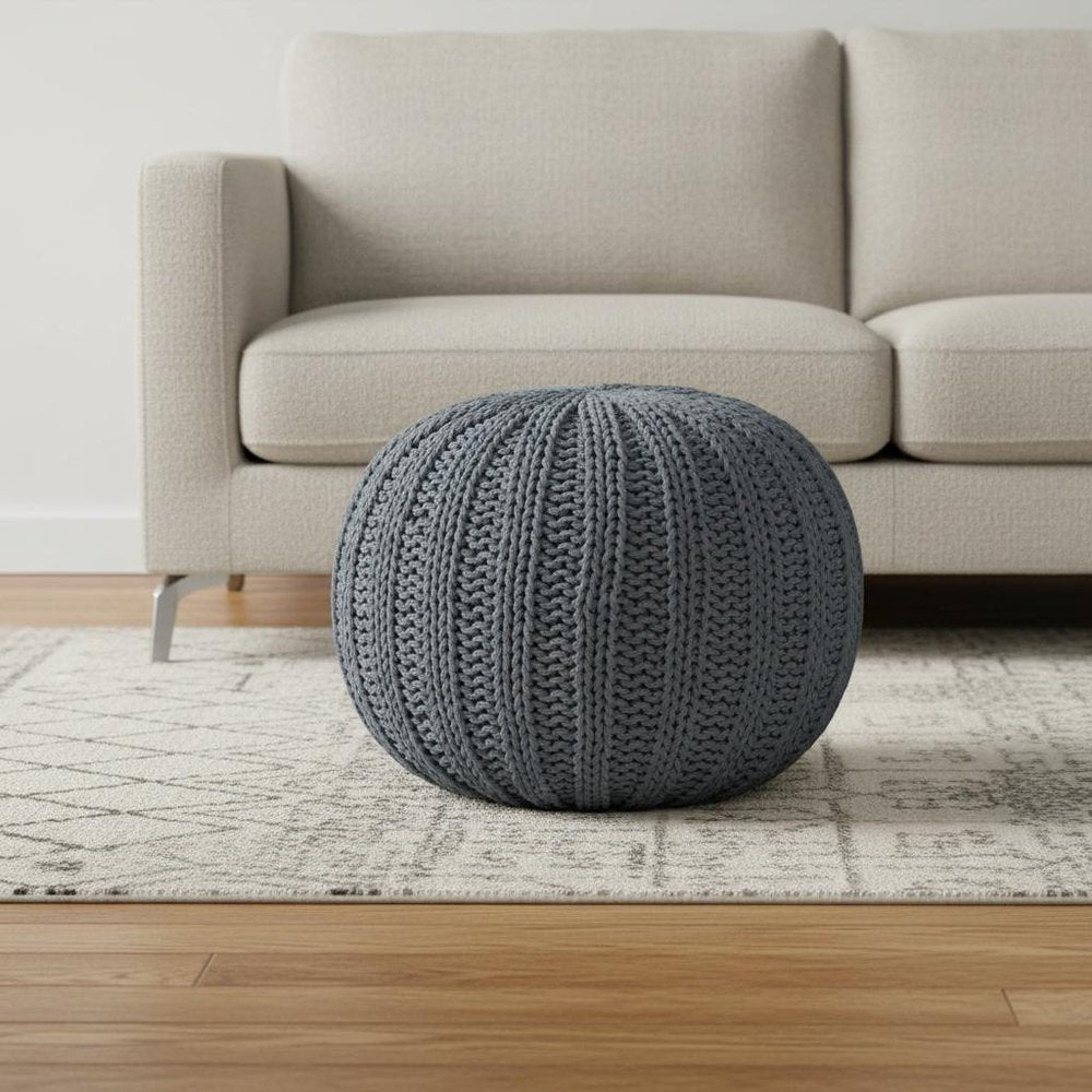 Gray Cotton Round Pouf Ottoman - 20-inch