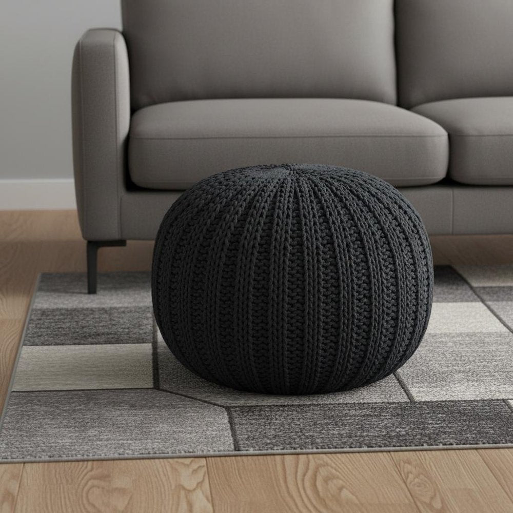 Gray Cotton Round Pouf Ottoman - 20-inch
