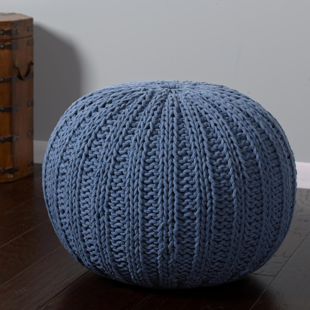 Gray Cotton Round Pouf Ottoman - 20-inch