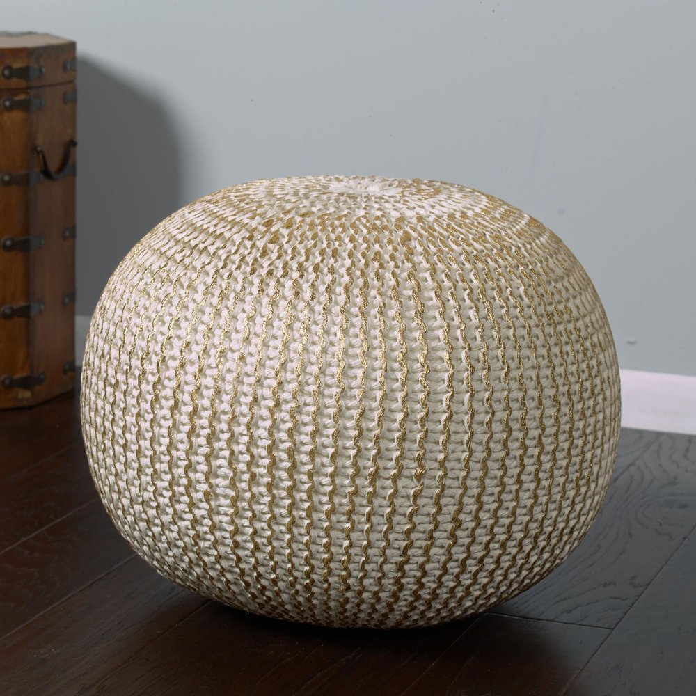 Gold Cotton Round Pouf Ottoman - 20-inch