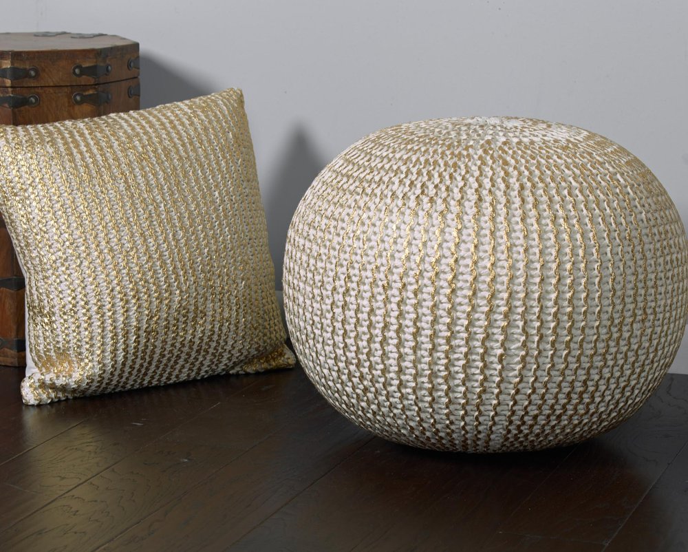 Gold Cotton Round Pouf Ottoman - 20-inch