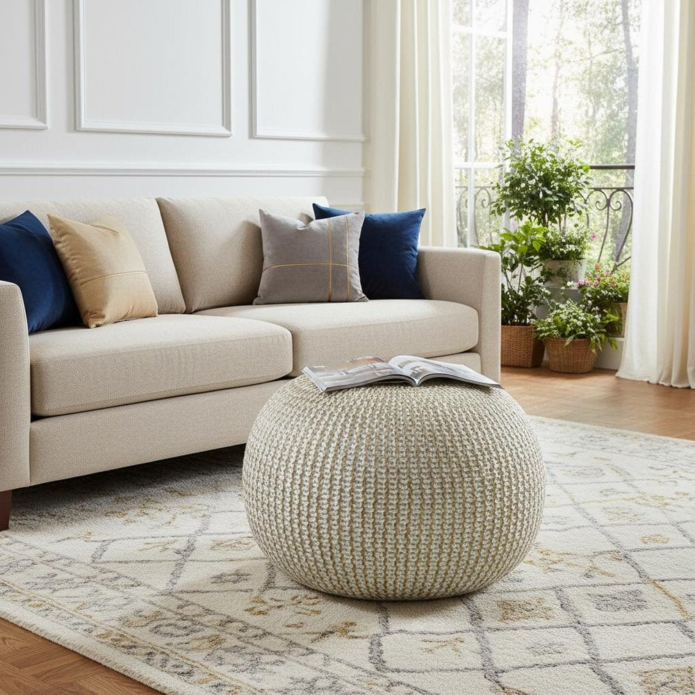 Gold Cotton Round Pouf Ottoman - 20-inch