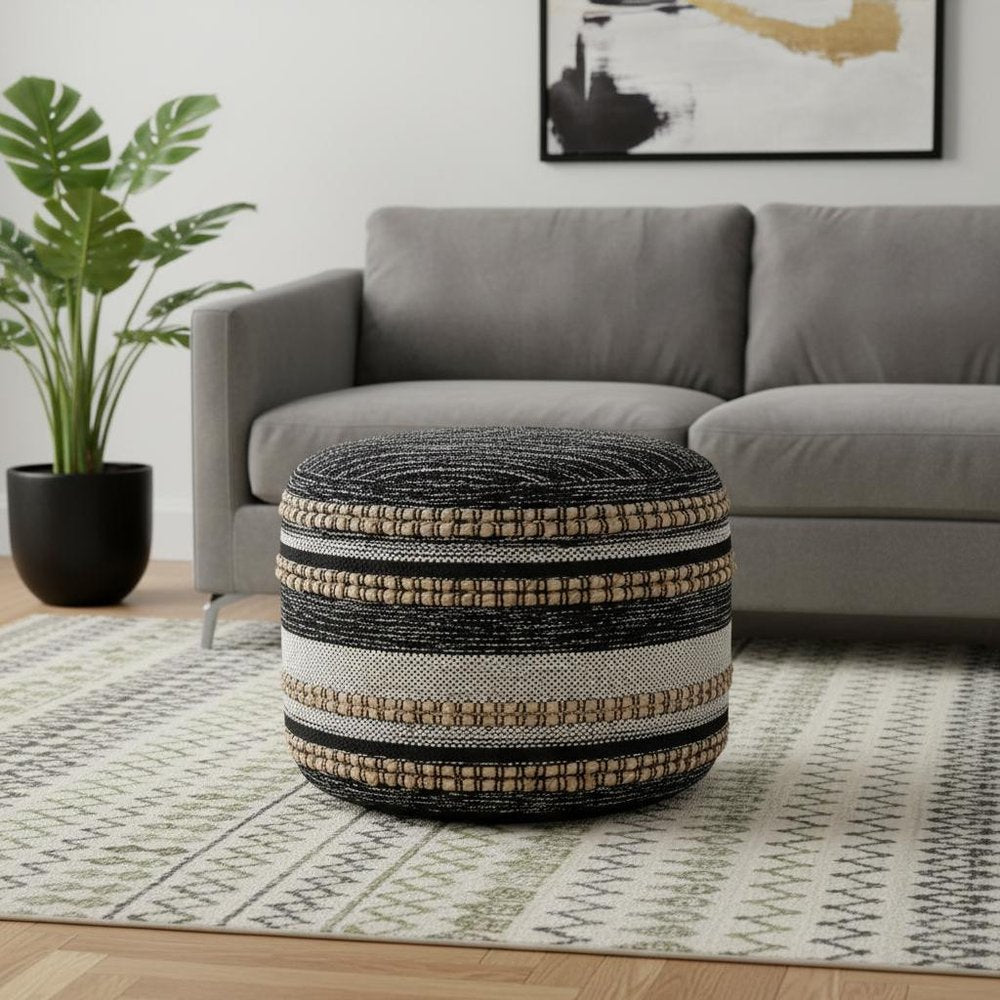Black Striped Pouf Ottoman - 18-inch