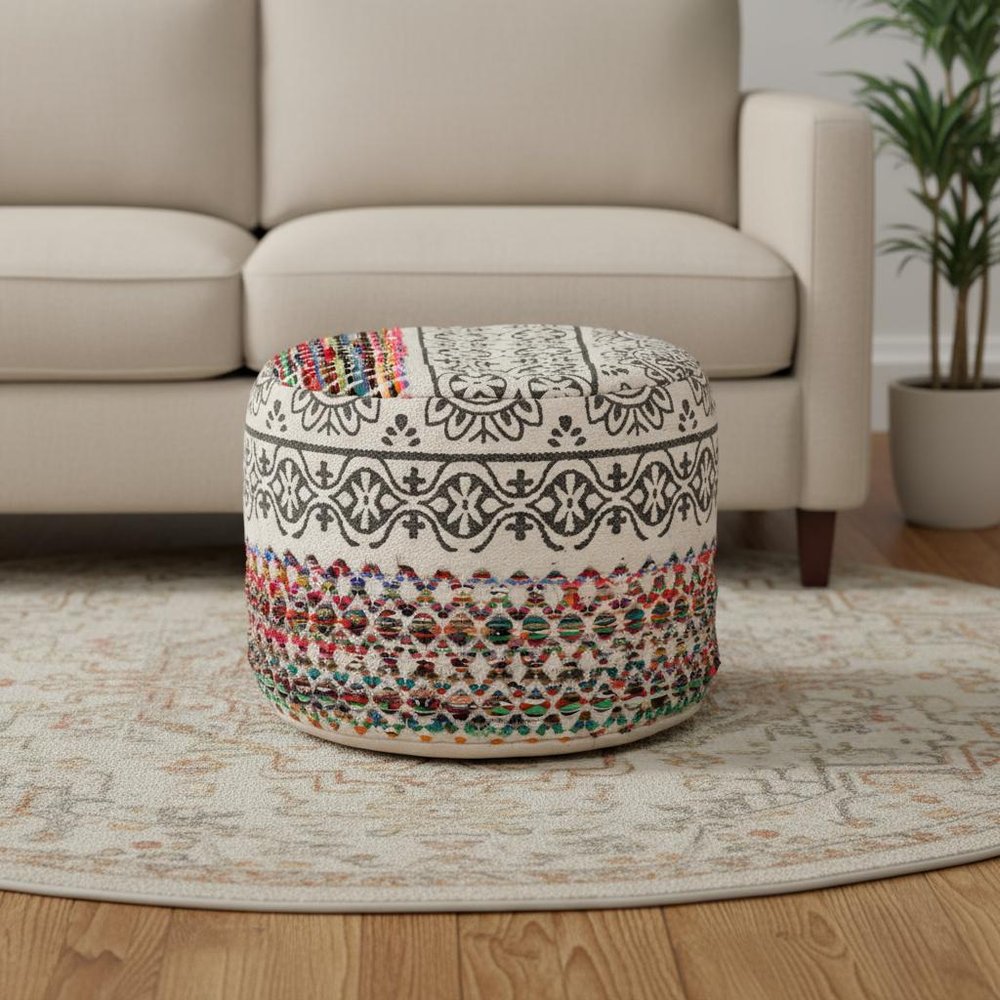 Rainbow and Gray Geometric Cylinder Pouf Ottoman - 18-inch