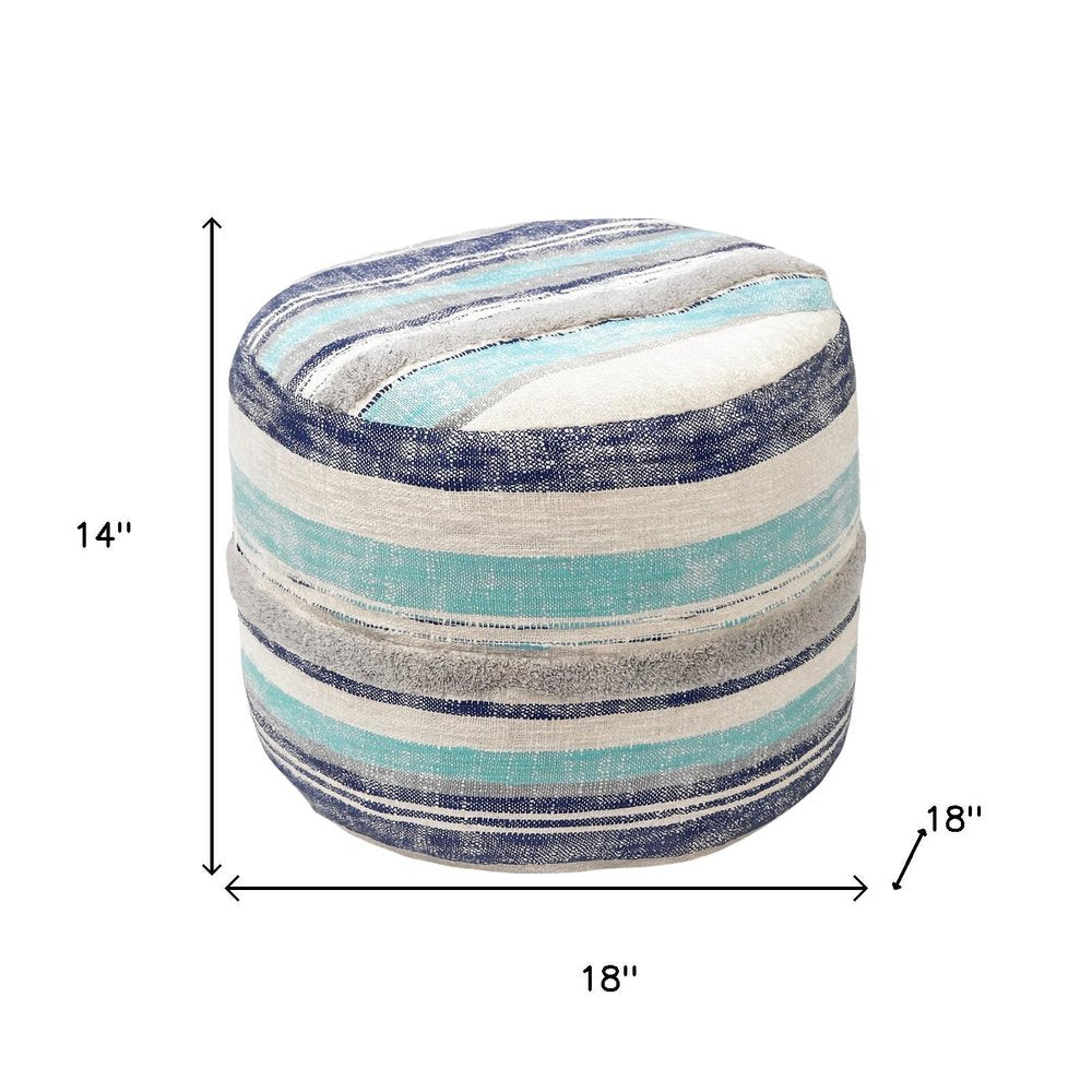 Blue Cotton Striped Cylinder Pouf Ottoman - 18-inch