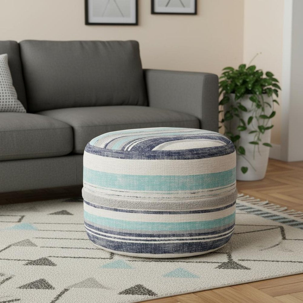Blue Cotton Striped Cylinder Pouf Ottoman - 18-inch