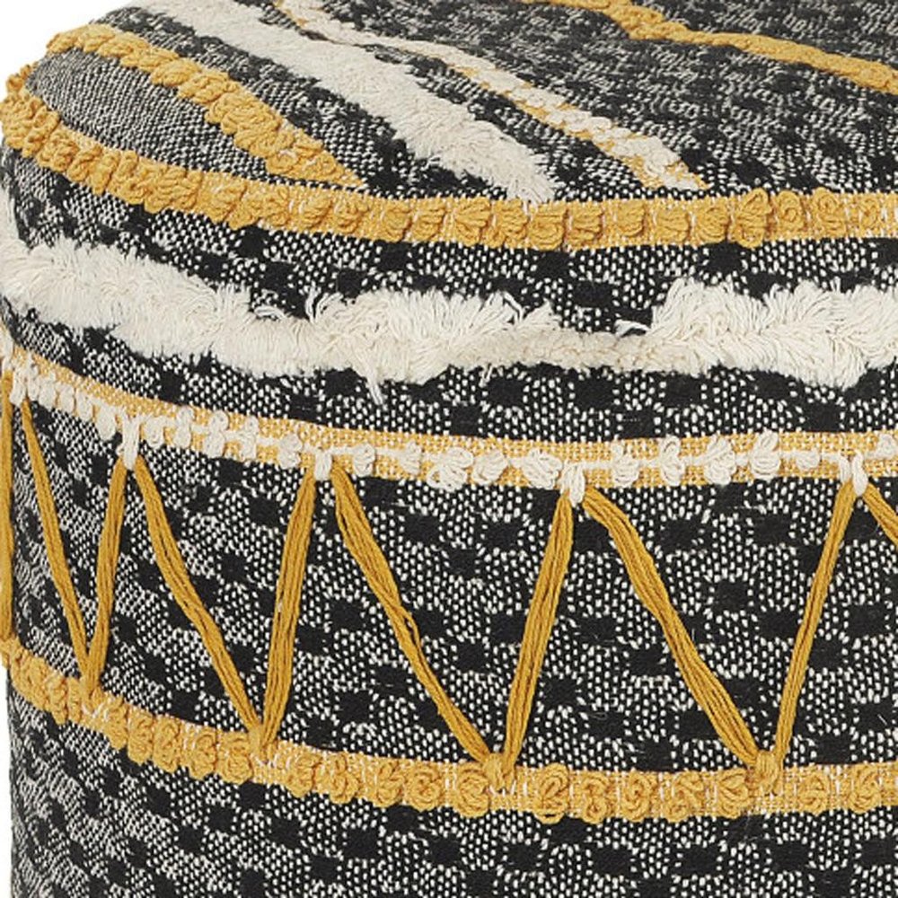 Black Cotton Striped Cylinder Pouf Ottoman - 18-inch