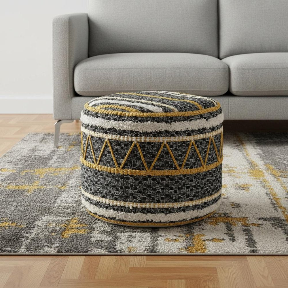 Black Cotton Striped Cylinder Pouf Ottoman - 18-inch