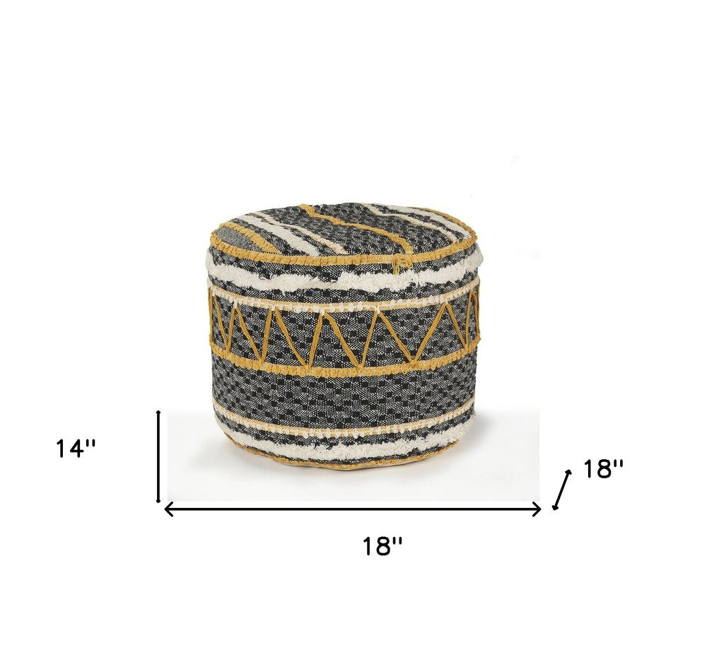 Black Cotton Striped Cylinder Pouf Ottoman - 18-inch