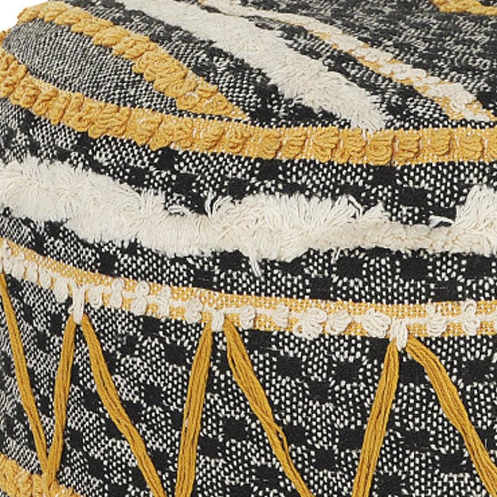 Black Cotton Striped Cylinder Pouf Ottoman - 18-inch