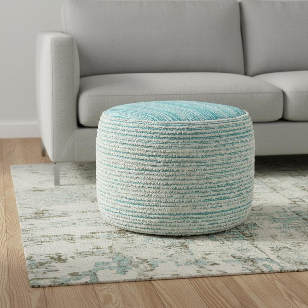Blue Fabric Cylinder Striped Pouf Ottoman - 18-inch