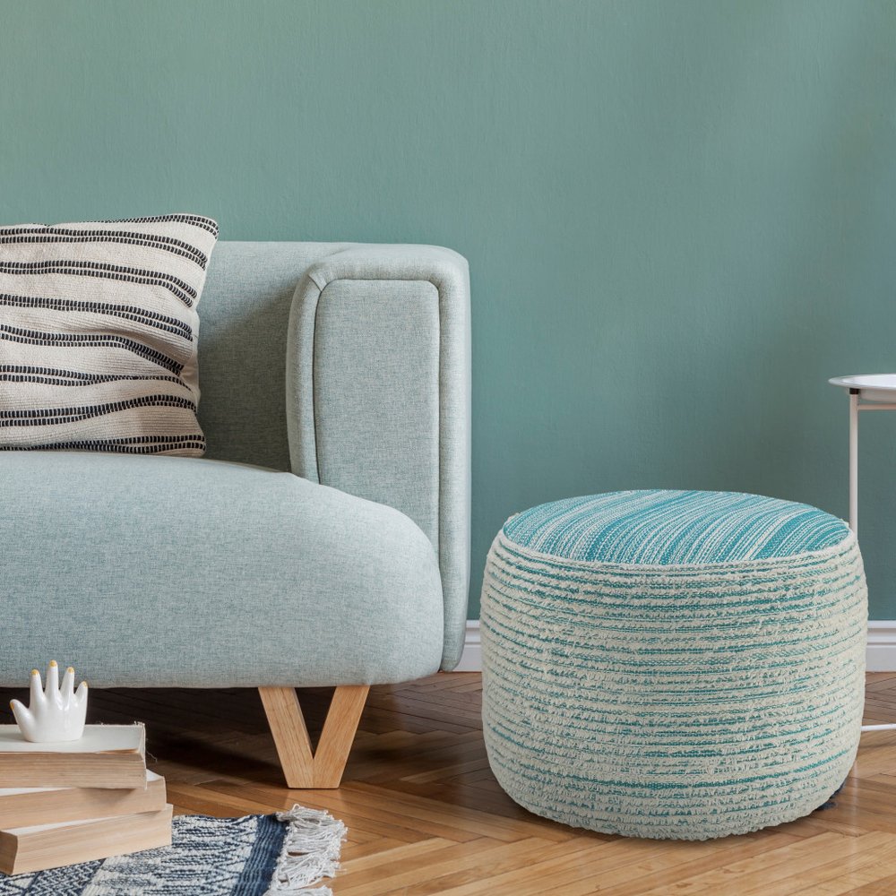 Blue Fabric Cylinder Striped Pouf Ottoman - 18-inch