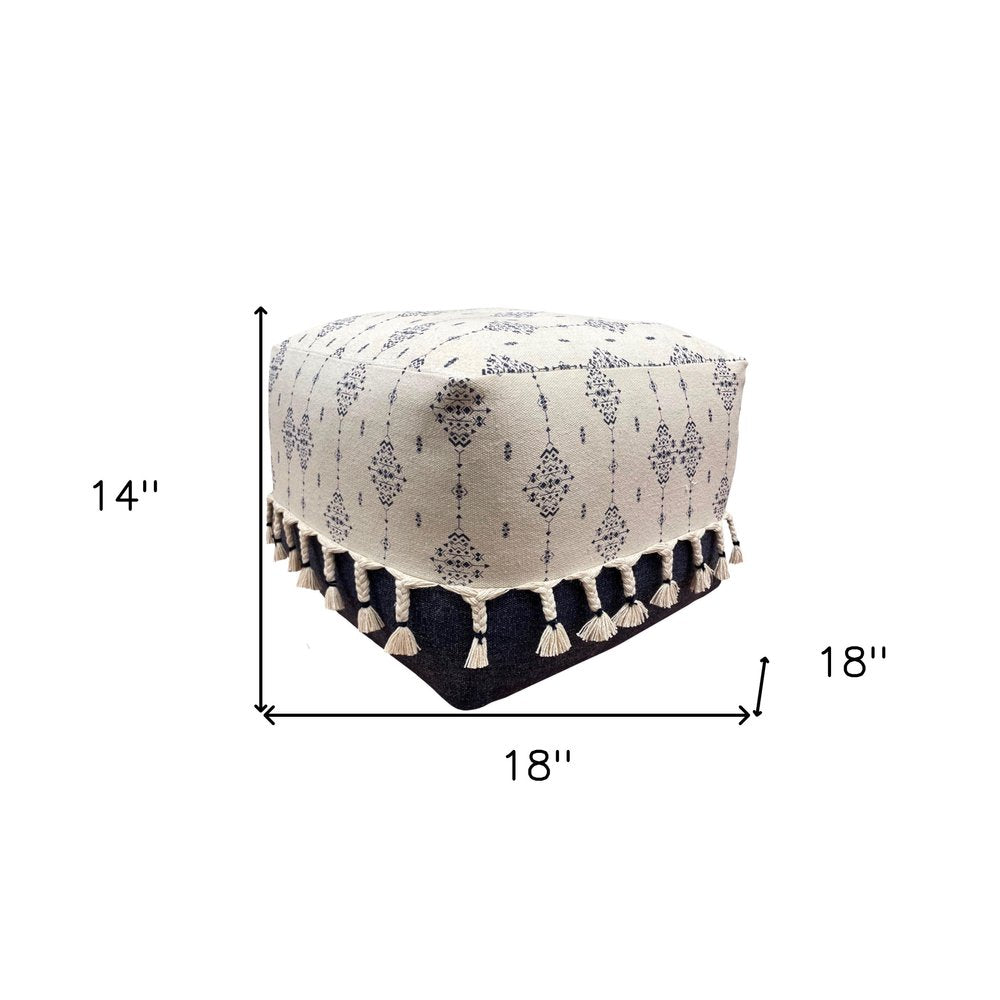 Natural and Navy Blue Cotton Medallion Pouf Ottoman - 18-inch