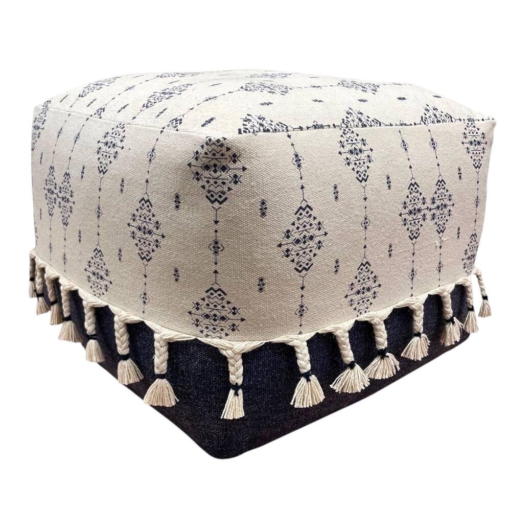 Natural and Navy Blue Cotton Medallion Pouf Ottoman - 18-inch