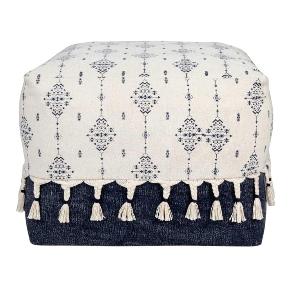 Natural and Navy Blue Cotton Medallion Pouf Ottoman - 18-inch