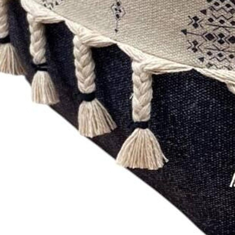 Natural and Navy Blue Cotton Medallion Pouf Ottoman - 18-inch