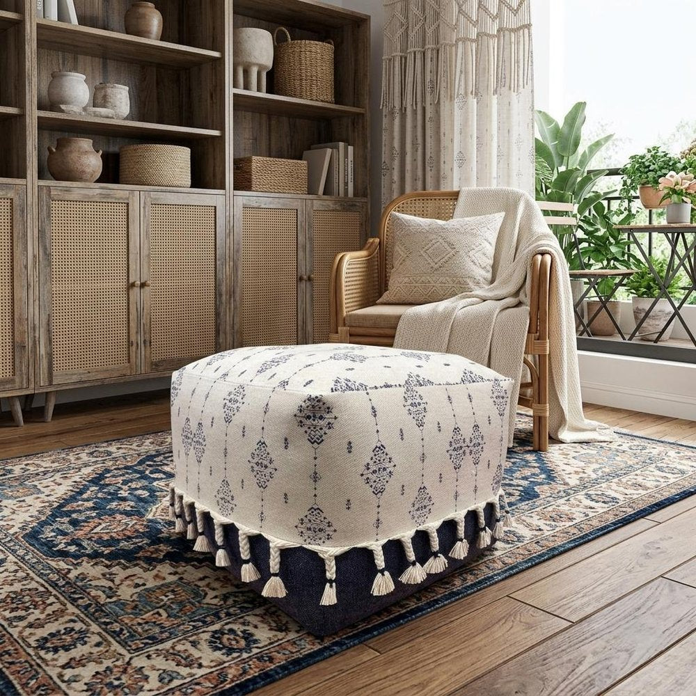 Natural and Navy Blue Cotton Medallion Pouf Ottoman - 18-inch