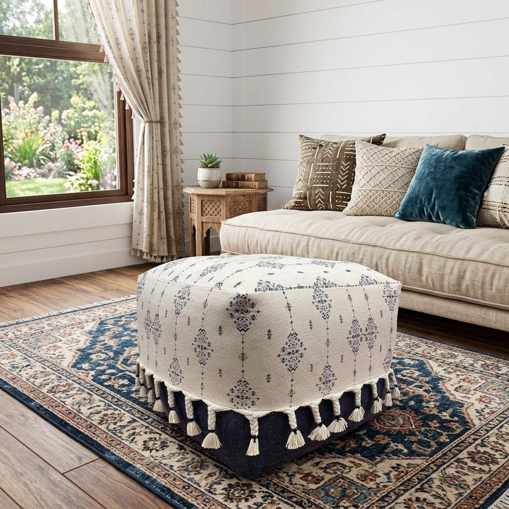 Natural and Navy Blue Cotton Medallion Pouf Ottoman - 18-inch
