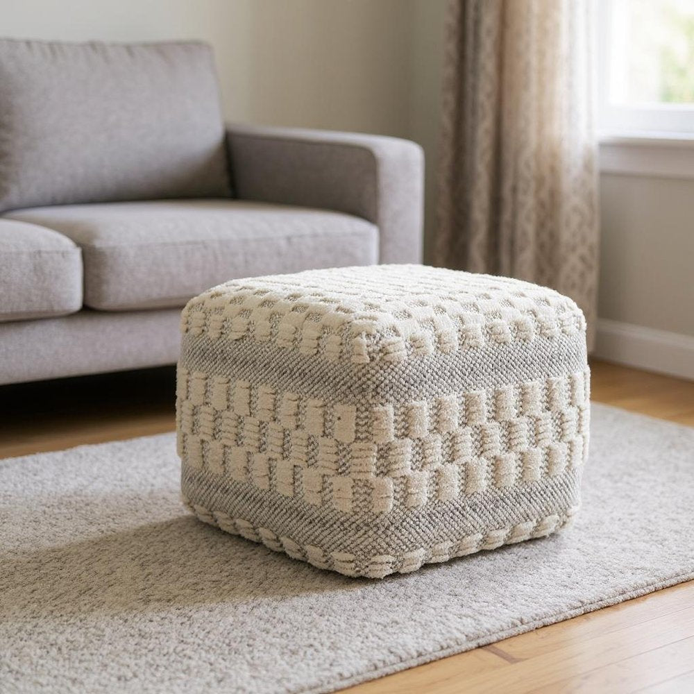 Beige Geometric Pouf Ottoman - 18-inch