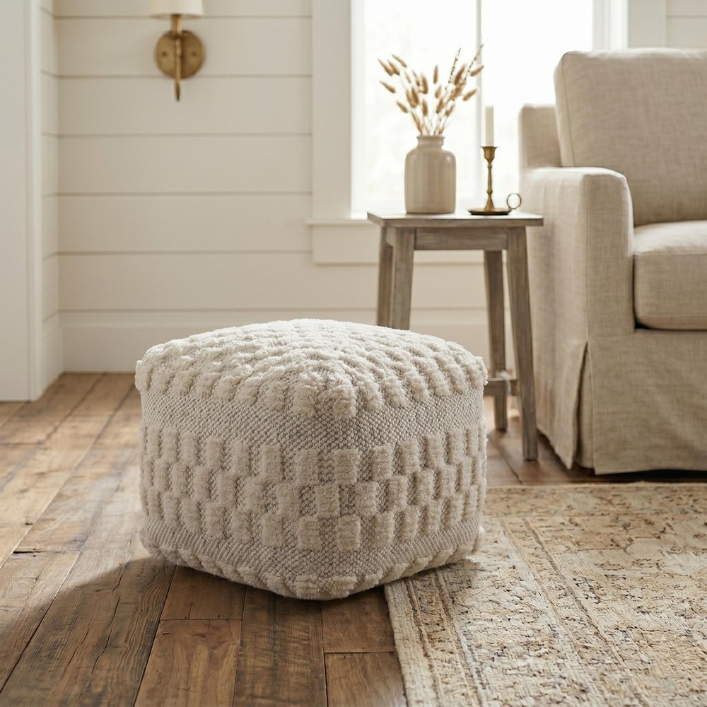 Beige Geometric Pouf Ottoman - 18-inch